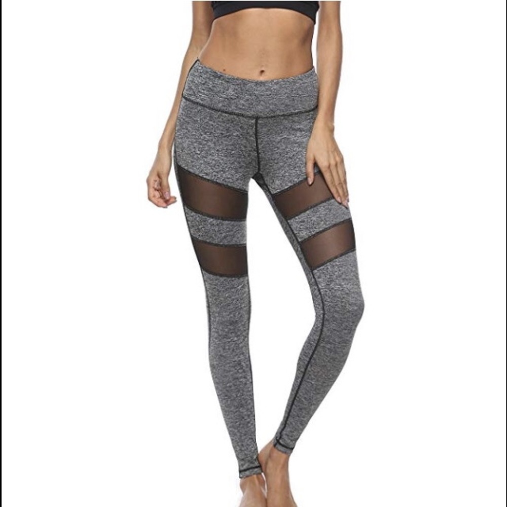 Gray Hollow Striped Mesh Leggings